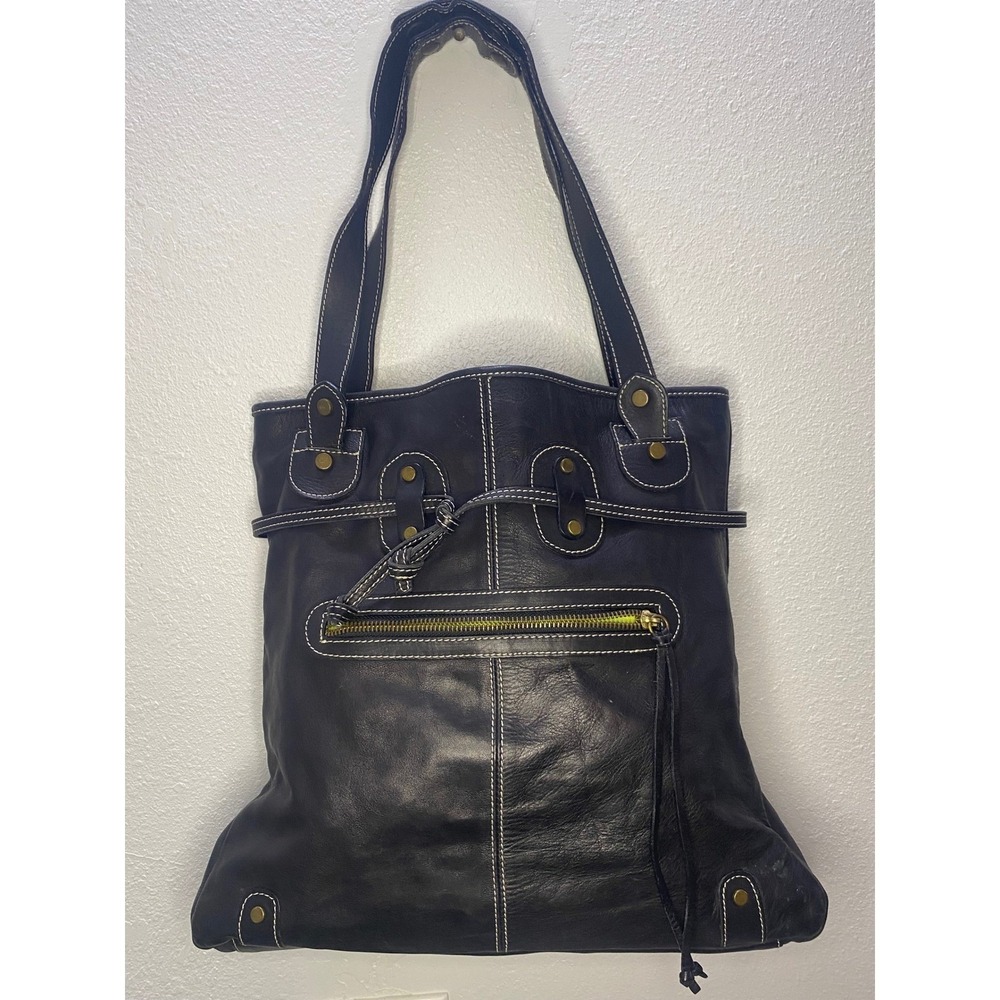 Cavalcanti Leather Tote Bag Italy Black Slouchy Shoulder Purse Large Green Lined